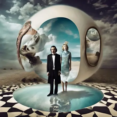 Surrealistyczna scena z postaciami w art deco stylu na tle plaży