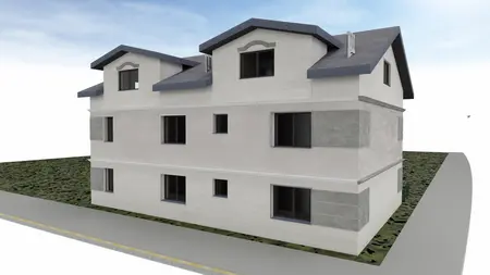 Widok budynku z białą elewacją i szarymi detalami w stylu nowoczesnym.