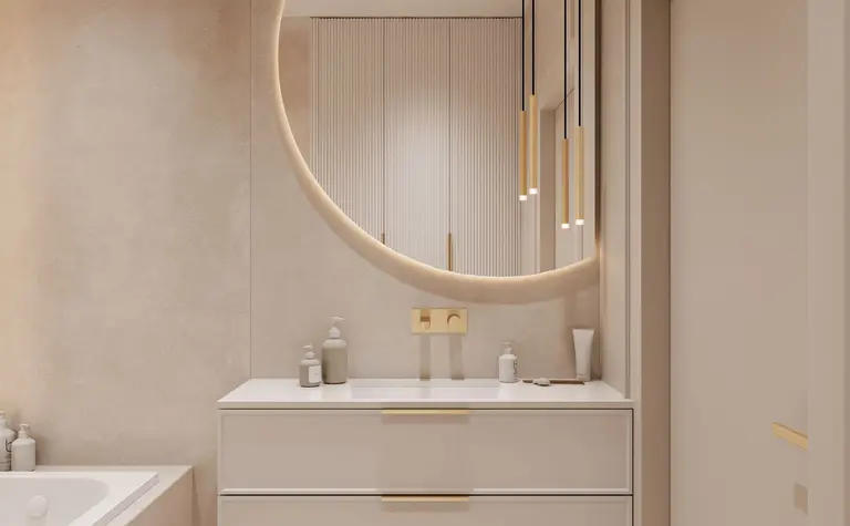 Nowoczesna łazienka z białą umywalką, minimaluxe i quiet luxury.