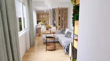 Wnętrze salonu w stylu japandi i skandynawskim z roślinnością.
