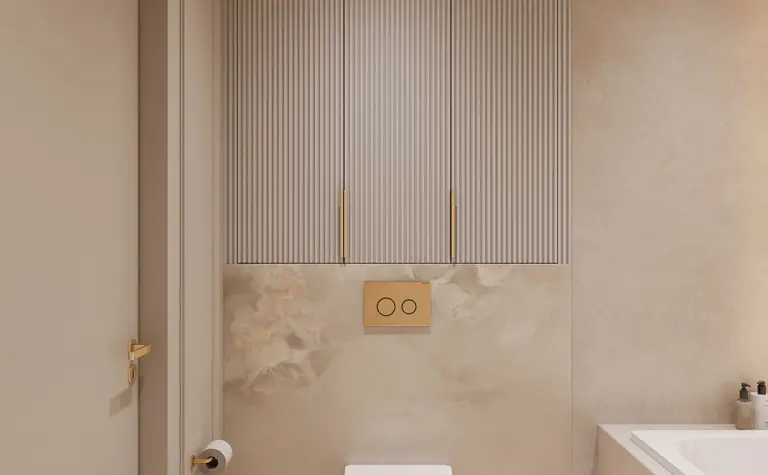 Nowoczesna łazienka z minimalistycznym wyposażeniem, soft minimalizm i quiet luxury.