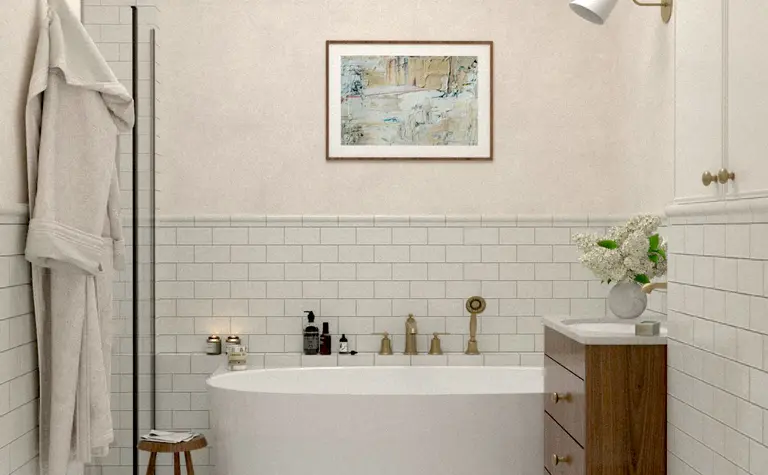 Łazienka w stylu art deco, minimalistycznym i tradycyjnym z białymi kafelkami i drewnem.
