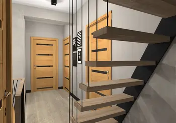 Nowoczesny przedpokój z drewnianymi drzwiami, szarymi ścianami i designerskimi schodami.