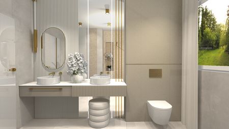 Nowoczesna łazienka w stylu glamour z białymi umywalkami i dekoracyjnymi roślinami.