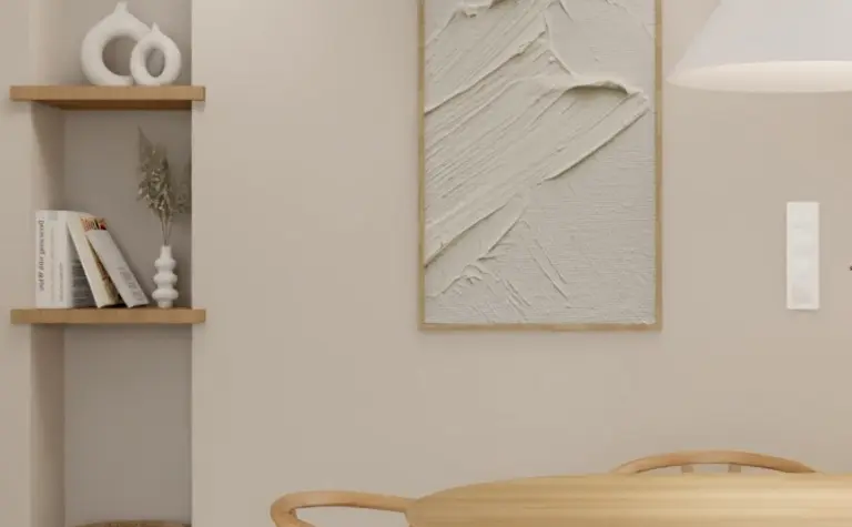 Wnętrze jadalni w stylach boho i japandi z drewnianym stołem.