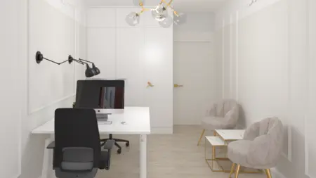 Nowoczesny gabinet w stylu glamour i minimaluxe z białymi meblami i szarymi dodatkami.