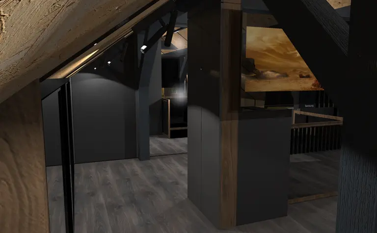 Wnętrze poddasza w stylu industrialnym i nowoczesnym z drewnianymi detalami.