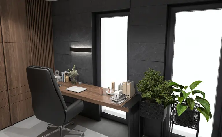 Gabinet z drewnianym biurkiem, nowoczesnymi roślinami, minimalistycznym designem.