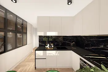 Kuchnia w stylu industrialnym z minimalistycznym designem i nowoczesnymi akcentami.