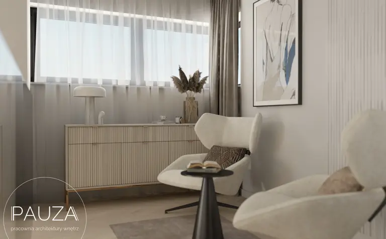 Nowoczesne wnętrze salonu z jasnymi fotelami, minimalistyczną szafką oraz dużymi oknami.