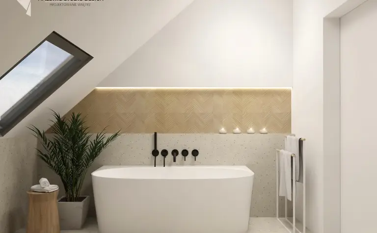 Nowoczesna łazienka w stylu boho i japandi z wanną i roślinami.