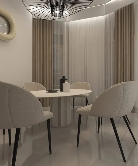 Wnętrze jadalni w stylu japandi i minimalistycznym z jasnym stołem i krzesłami.