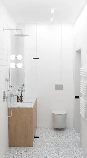 Stylowa łazienka w skandynawskim designie z drewnianymi akcentami i nowoczesnymi detalami.
