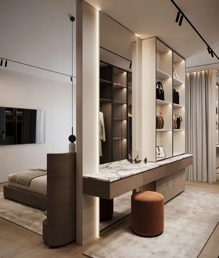 Nowoczesna garderoba w stylu quiet luxury z drewnianymi półkami i eleganckimi akcesoriami.