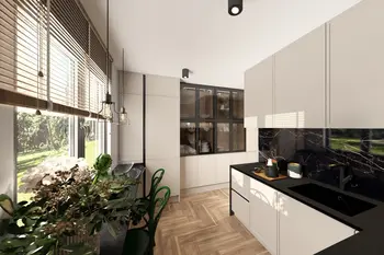 Kuchnia z beżowymi meblami, czarnym blatem i roślinami w stylu industrialnym, minimalistycznym, nowoczesnym.