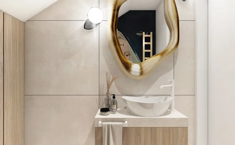 Łazienka w stylu art deco, eklektycznym i nowoczesnym z eleganckim lustrem.