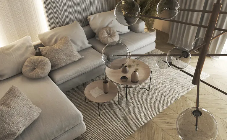 Wnętrze salonu w stylu eklektycznym, minimalistycznym i nowoczesnym z szarymi meblami.
