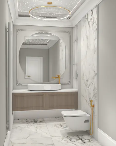 Glamour łazienka z minimalistycznym wykończeniem, marmurowymi płytkami i złotymi detalami.