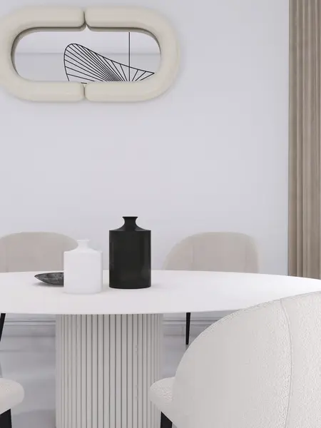Wnętrze jadalni w stylu japandi i minimalistycznym z białym stołem.