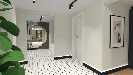 Przedpokój w stylu prowansalskim z białymi ścianami i czarnymi detalami.