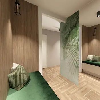 Przedpokój w stylu industrialnym z elementami soft minimalizmu i zielonymi akcentami.
