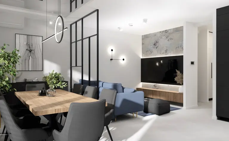 Wnętrze jadalni z drewnianym stołem, niebieską sofą i roślinami. Styl glamour, industrialny, minimalistyczny.