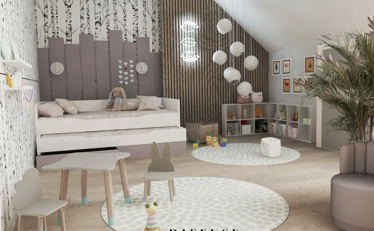 Pokój dla dzieci w stylu eklektycznym i minimalistycznym z zabawkami.