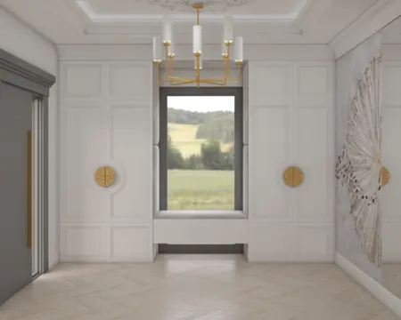 Przedpokój w stylu glamour i tradycyjnym z białymi ścianami i złotymi akcentami.