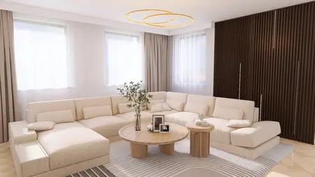 Wnętrze salonu z beżową sofą i drewnianym stolikiem w stylu minimalistycznym i nowoczesnym.