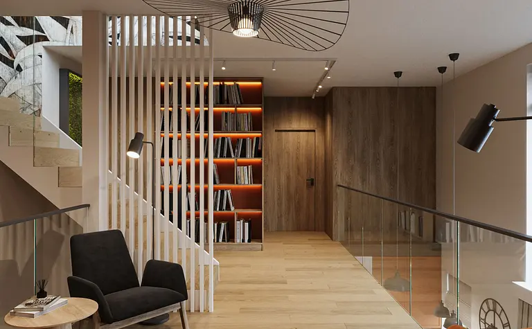 Nowoczesne wnętrze z drewnianą podłogą, regałem i lampami w stylu industrialnym.