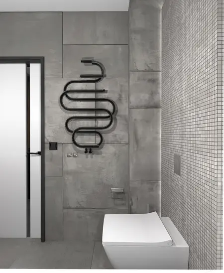 Nowoczesna łazienka z szarymi ścianami i minimalistycznymi detalami, industrialny styl.