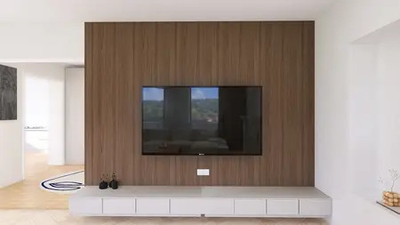 Wnętrze salonu z minimalistycznym wystrojem, nowoczesnym telewizorem i drewnianą ścianą.