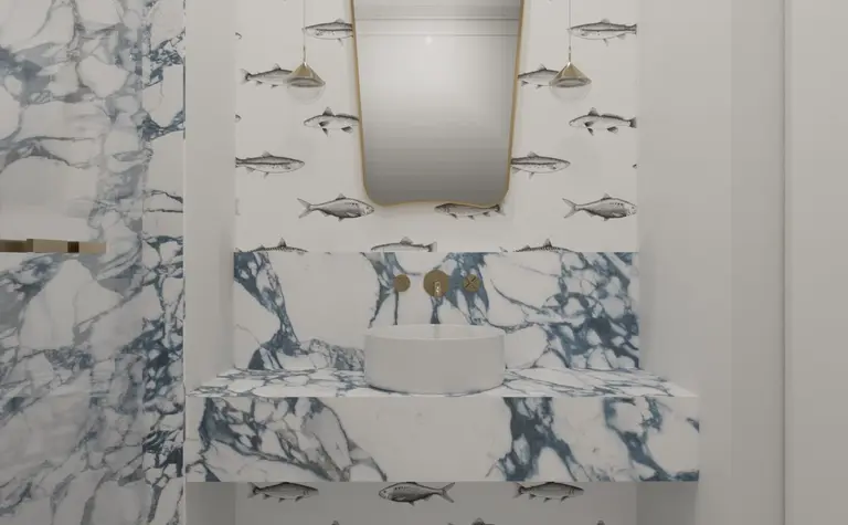 Nowoczesna łazienka z marmurową umywalką i tapetą z rybami, styl art deco i tradycyjny.