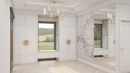Eleganckie wnętrze z białymi ścianami, złotymi akcentami i minimalistycznym designem.