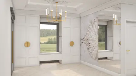 Eleganckie wnętrze z białymi ścianami, złotymi akcentami i minimalistycznym designem.