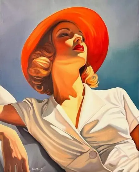 Portret kobiety w białej sukience i pomarańczowym kapeluszu, styl art deco, glamour, vintage.