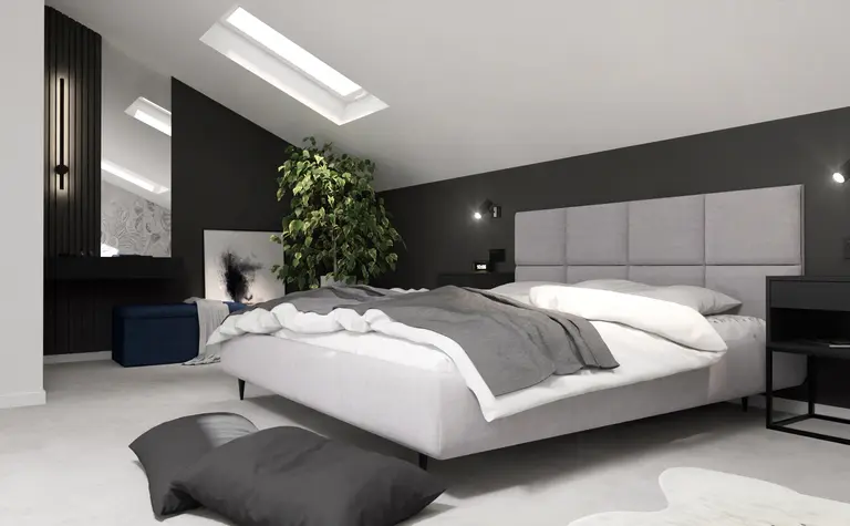 Wnętrze sypialni w stylu glamour, minimalistycznym z zieloną rośliną