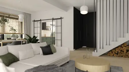Wnętrze nowoczesnego salonu z zieloną kuchnią i drewnianymi detalami.