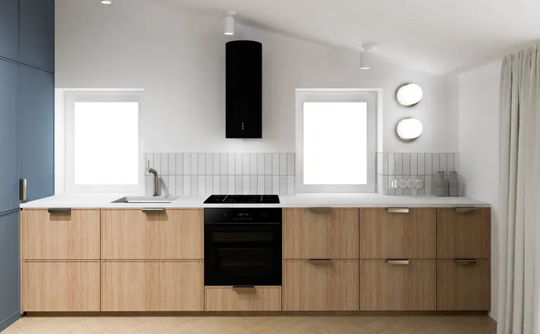 Nowoczesna kuchnia minimalistyczna z drewnianymi meblami i białymi detalami.