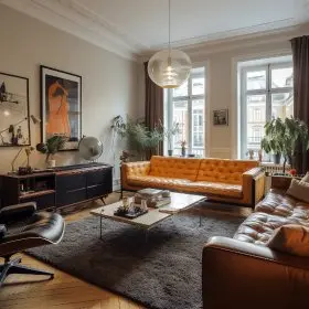 Wnętrze salonu z brązową kanapą i roślinami, styl minimalistyczny, industrialny, vintage.