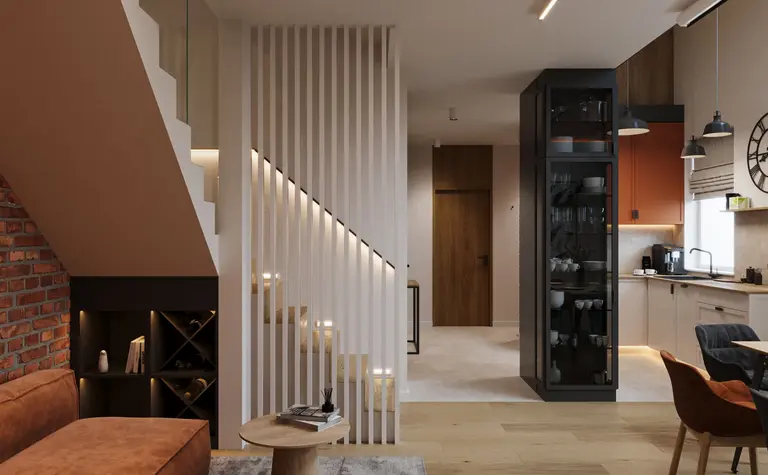 Salon w stylu industrialnym i nowoczesnym z brązową kanapą, drewnianą podłogą i ceglaną ścianą.