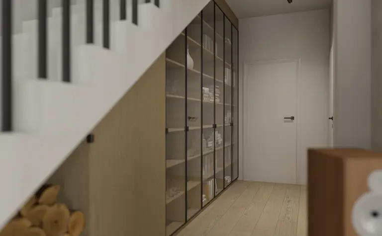 Przedpokój z nowoczesną szafą i drewnianą podłogą, minimalistyczny design.