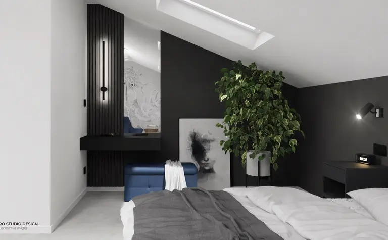 Sypialnia w stylu industrialnym z minimalistycznymi elementami, nowoczesne dodatki