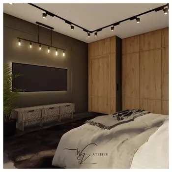 Wnętrze sypialni w stylach boho, japandi i minimalistycznym z drewnianymi akcentami.