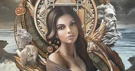 Obraz przedstawiający kobietę w stylu art deco z klasycznymi elementami.