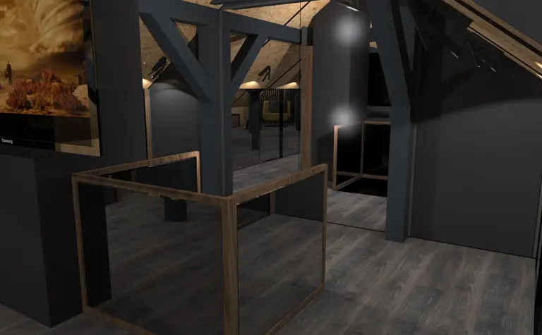 Wnętrze poddasza z drewnianymi detalami, industrialnym stylem i minimaluxe.