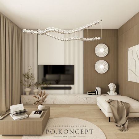 Minimalistyczny i nowoczesny salon z drewnianymi akcentami i soft minimalizmem.