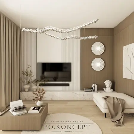 Minimalistyczny i nowoczesny salon z drewnianymi akcentami i soft minimalizmem.
