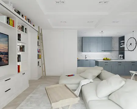 Salon w stylu boho i rustykalnym z niebieską kuchnią i białymi meblami.