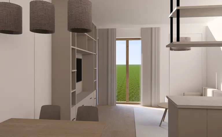 Wnętrze jadalni minimalistycznej z drewnianym stołem, szarymi lampami i dużym oknem.